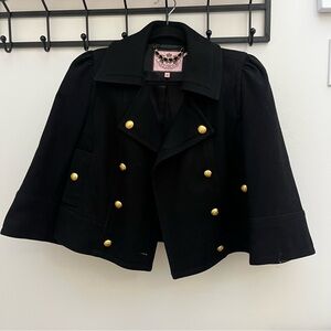 Vintage Juicy Couture Black Cropped Double Breasted Wool Pea Coat | Gold Accents